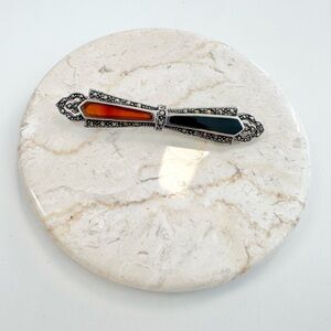 Vintage 925 Sterling Marcasite Onyx And Carnelian Stone inlay Bar Brooch